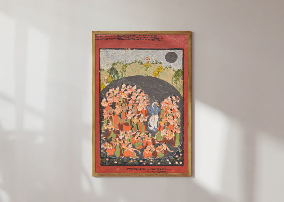 Framed art print of Krishna and the Gopis Gather for Rasamandala by Kota school, in a light wood frame on a sunlit white wall