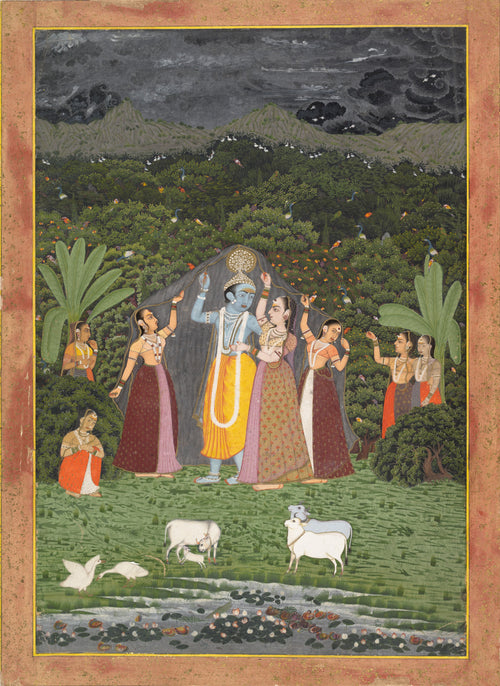 Krishna and the Gopis Take Shelter from the Rain by Jaipur school — Women hold a dark cloth over a blue Krishna beneath a storm-dark sky