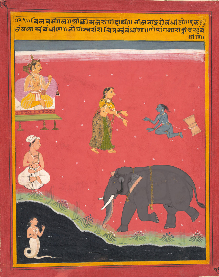Mewar school — Krishna's Earthly Ties, Page from a Dispersed Bivamangalastava | Indian Miniature Painting Print shown to scale on a wall above a sofa