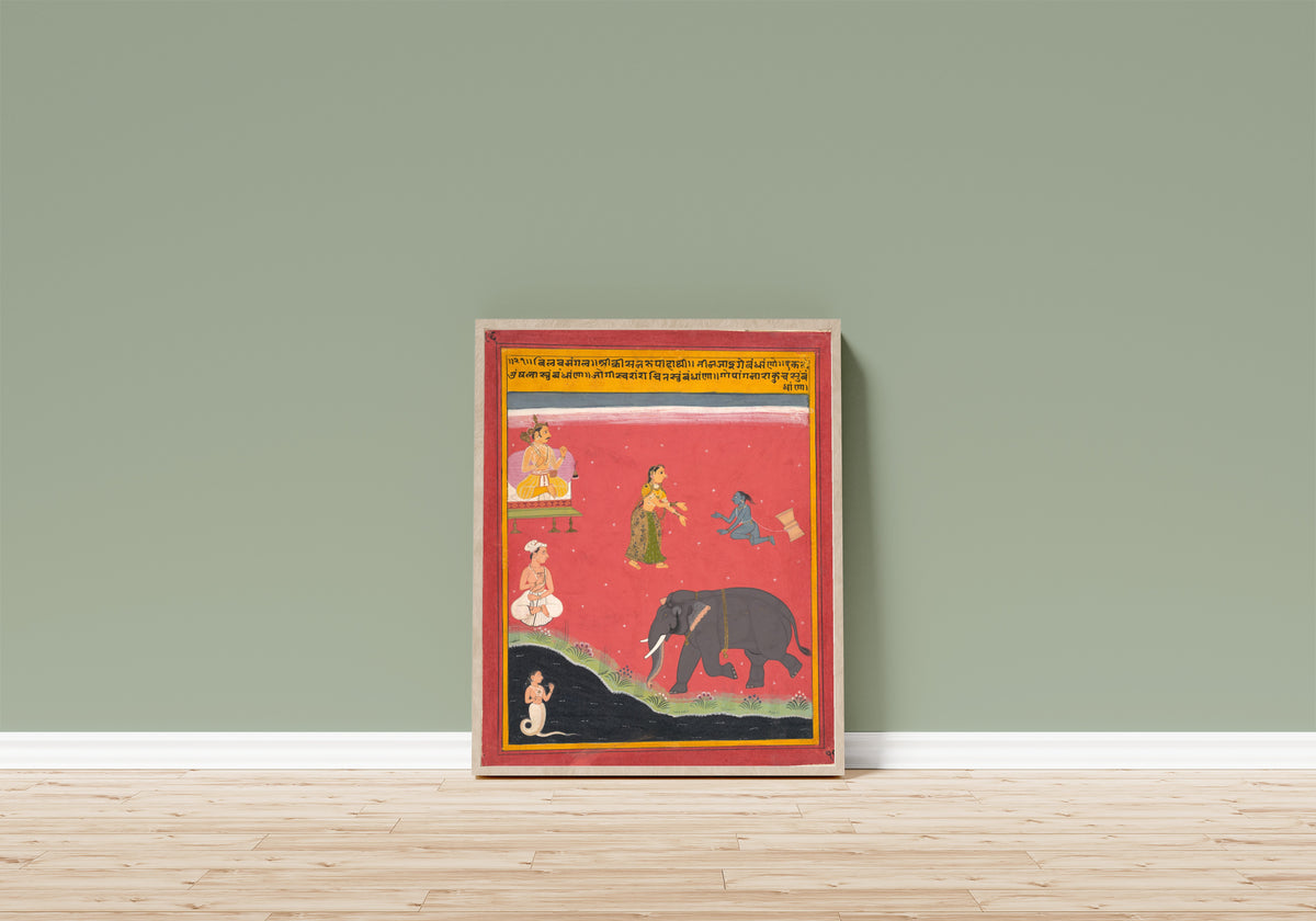 Framed art print of Krishna's Earthly Ties, Page from a Dispersed… by Mewar school, in a light wood frame leaning on a sage green wall above a wooden floor