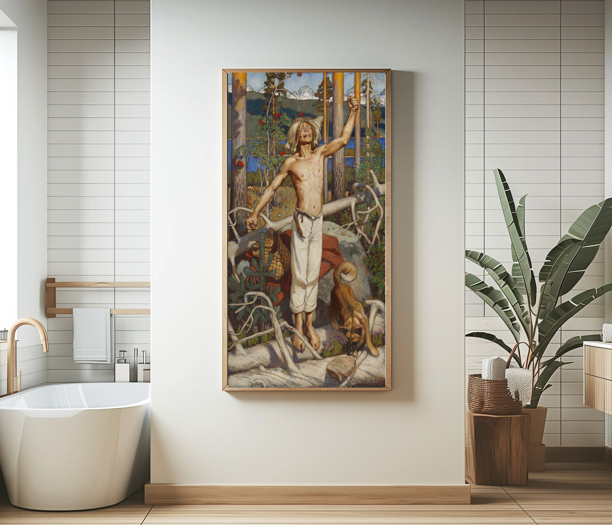 Framed art print of Kullervo Cursing by Akseli Gallen-Kallela, in a bathroom beside a freestanding tub