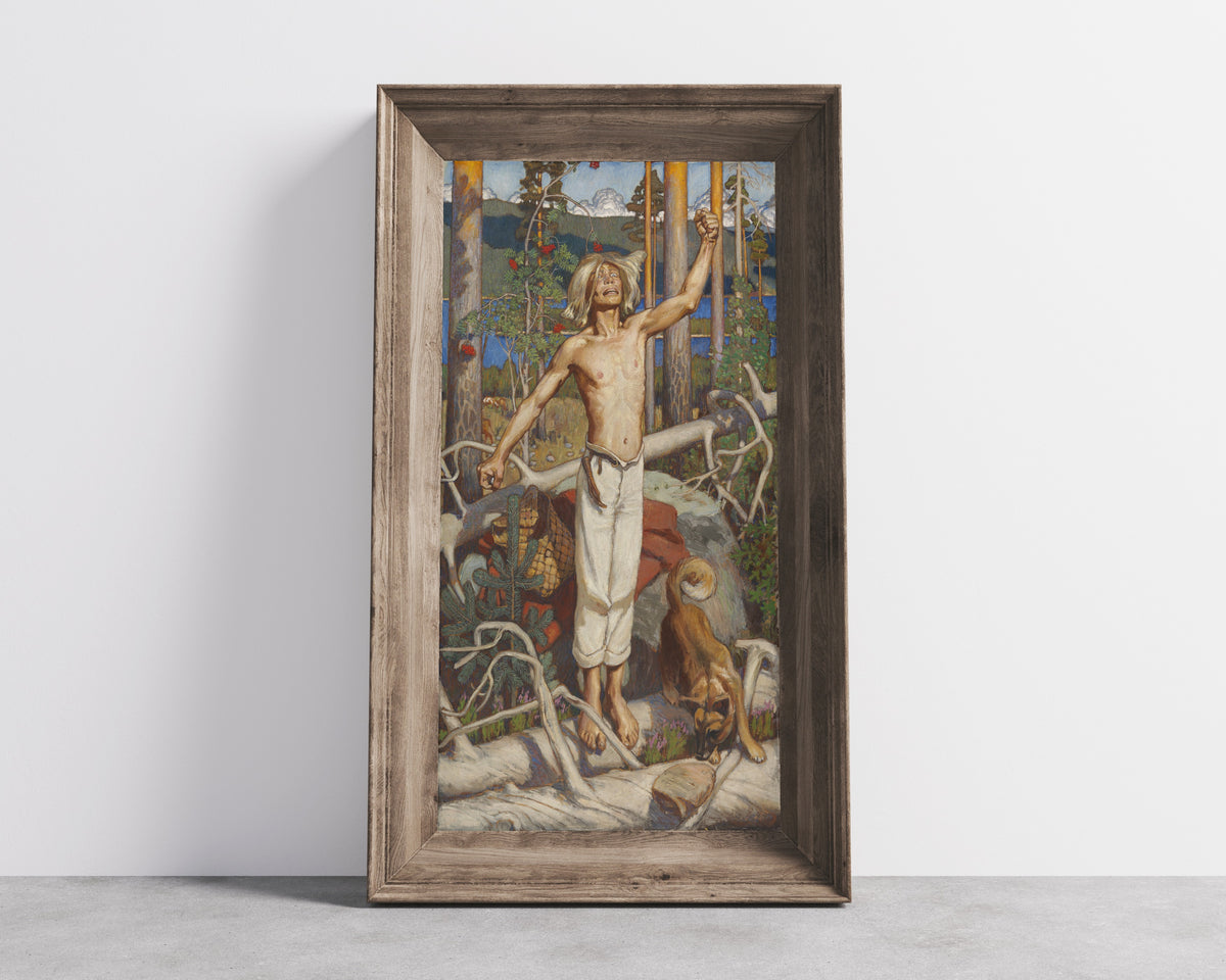 Framed art print of Kullervo Cursing by Akseli Gallen-Kallela, in a wide wooden frame leaning against a concrete wall