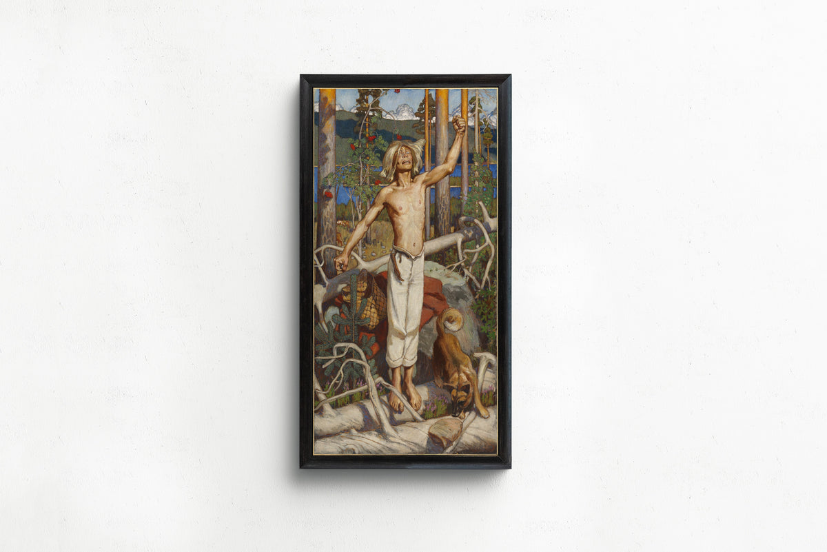 Framed art print of Kullervo Cursing by Akseli Gallen-Kallela, in a slim black frame on a plain white wall