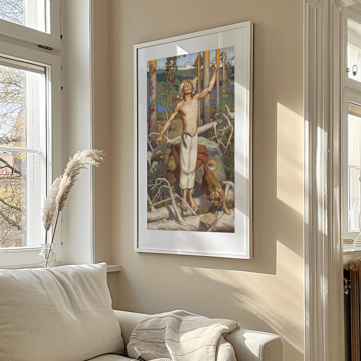 Framed art print of Kullervo Cursing by Akseli Gallen-Kallela, in a sunlit living room above a sofa