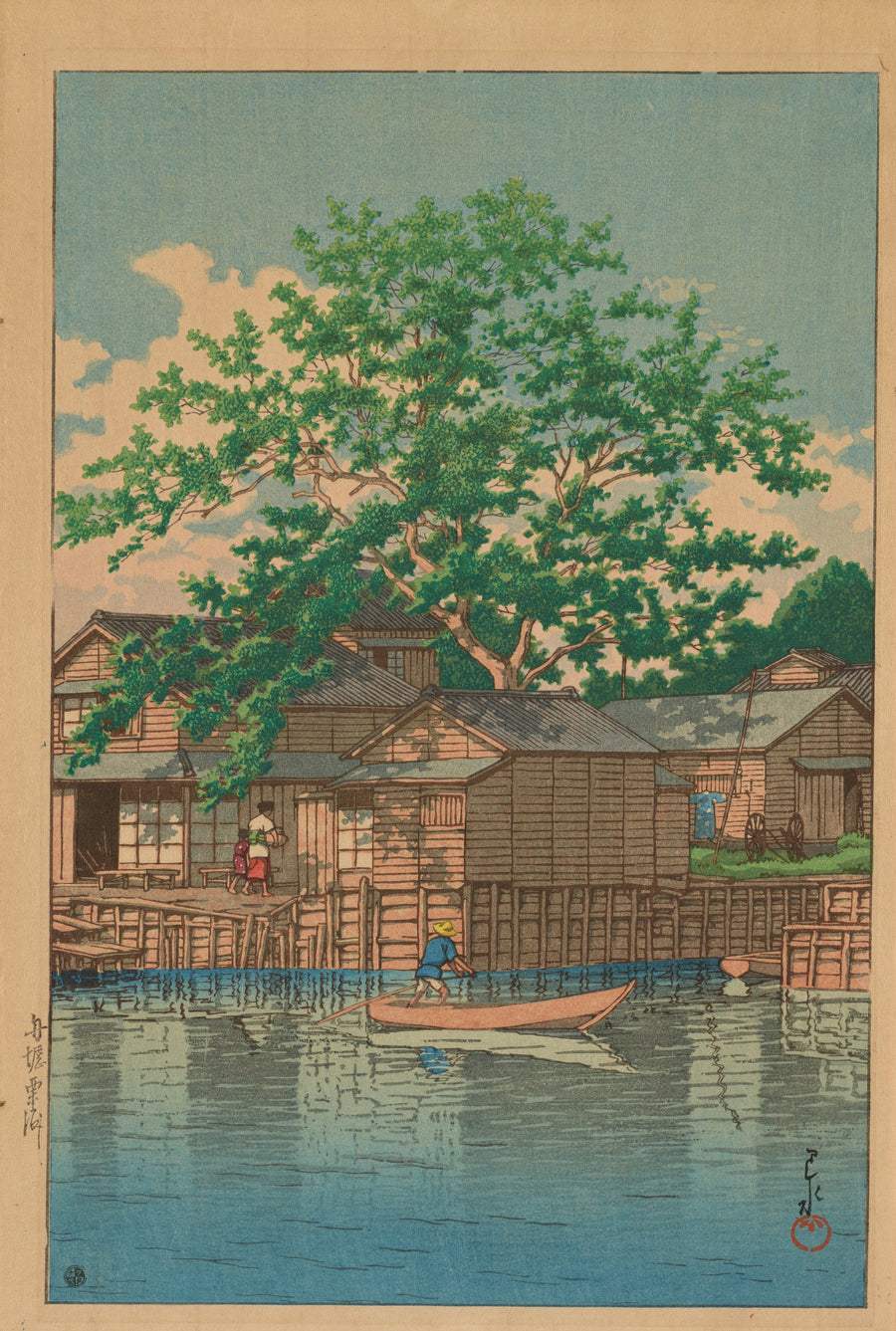 Kawase Hasui — Kuri Ferry, Funabori | Japanese Woodblock Print (Shin Hanga) shown to scale on a wall above a sofa