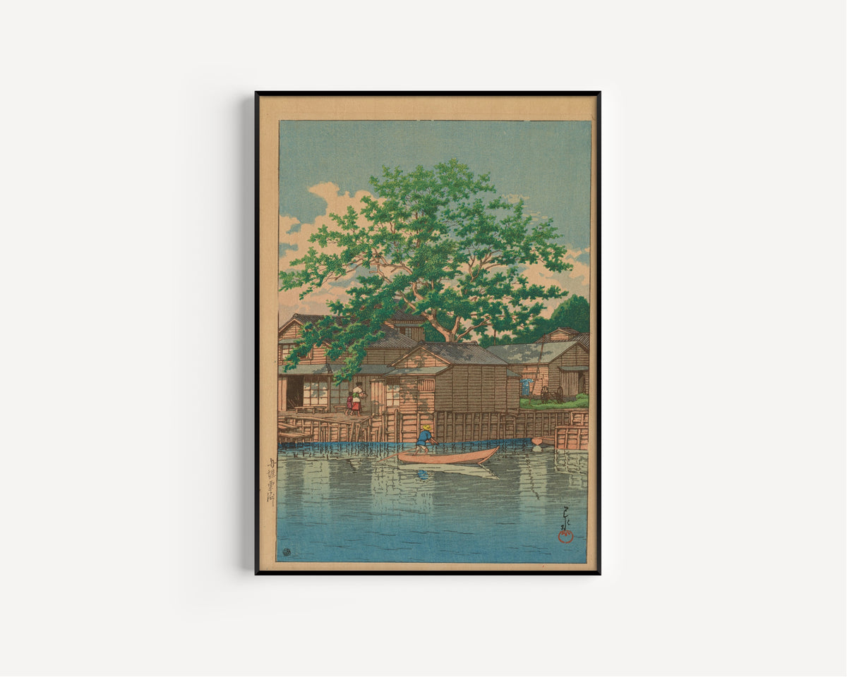 Framed art print of Kuri Ferry, Funabori by Kawase Hasui, in a slim black frame on a plain white wall