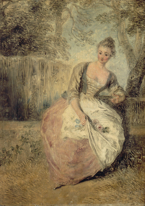 L'Amante inquiète by Jean-Antoine Watteau — A young woman in cream and rose leans on a tree beside a garden fence