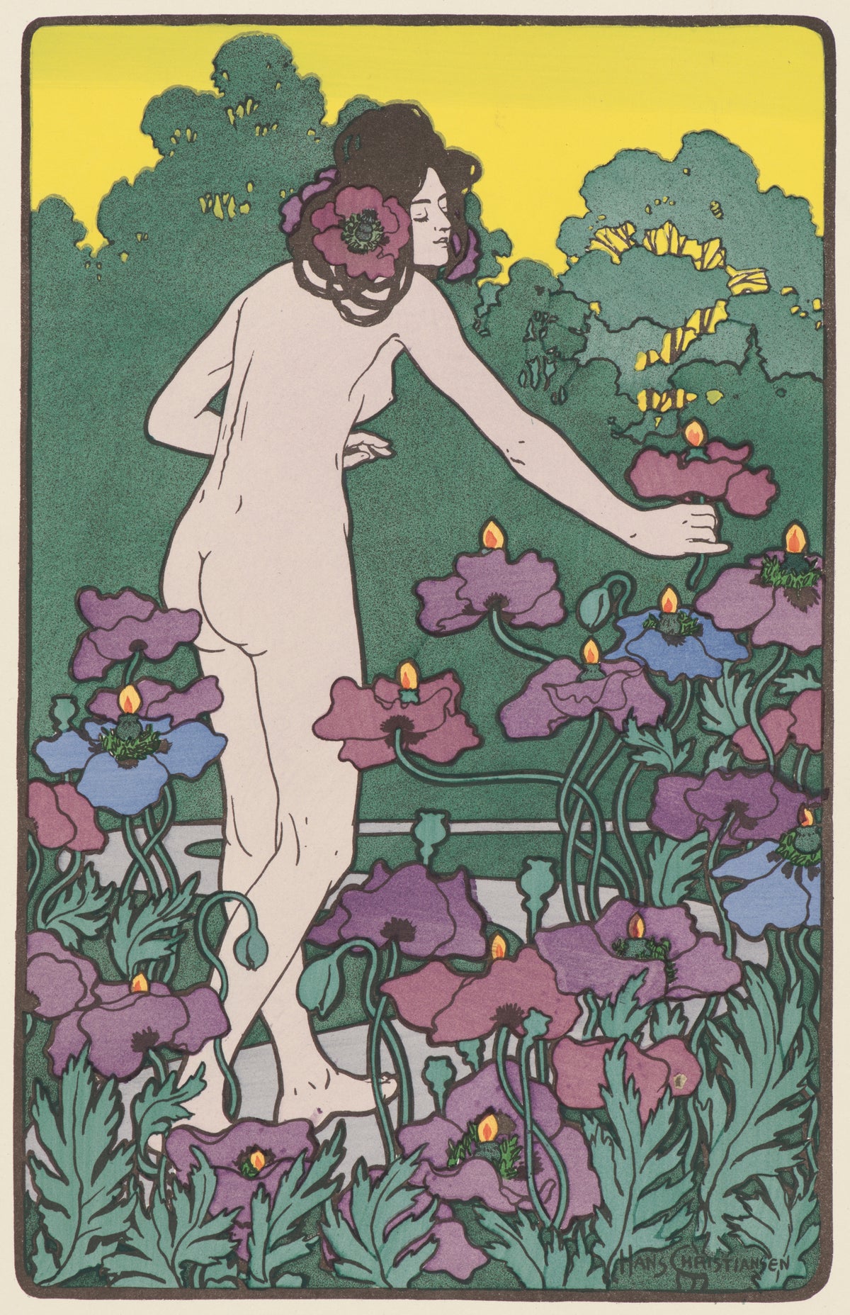 L'Heure du Berger by Hans Christiansen — A woman stands among purple poppies lit by tiny flames