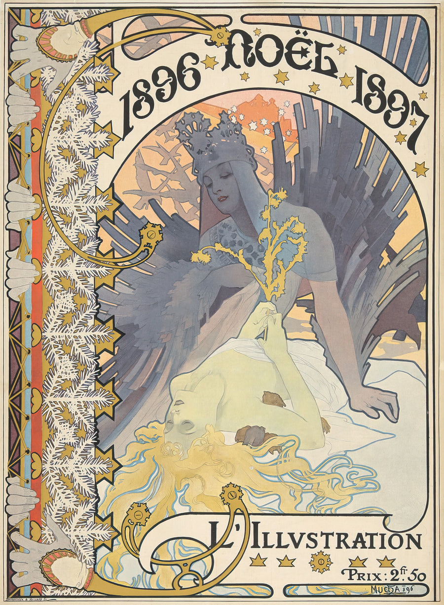 Alphonse Mucha — L’Illustration, Noël 1896-1897 | Vintage Poster Print shown to scale on a wall above a sofa