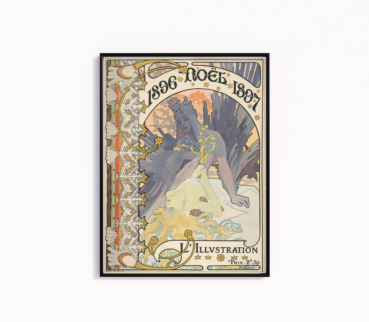 Framed art print of L’Illustration, Noël 1896-1897 by Alphonse Mucha, in a slim black frame on a plain white wall