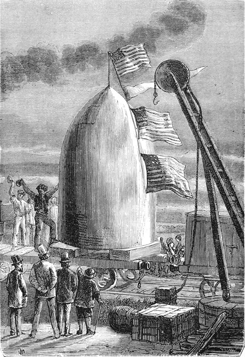 L'arrivée du projectile à Stone's-Hill (The projectile's arrival at Stone's Hill) by Henri de Montaut — A great bullet-shaped projectile arrives by rail under
