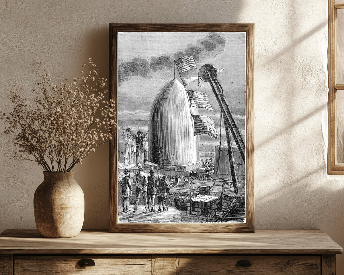Framed art print of L'arrivée du projectile à Stone's-Hill (The… by Henri de Montaut, in a dark wood frame leaning on a rustic console beside dried flowers