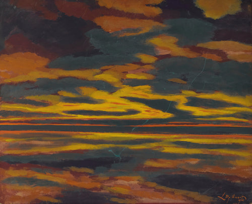 L'éclair vert sur la mer by Léon Spilliaert — A thin green lightning streak over a sea of burning orange cloud