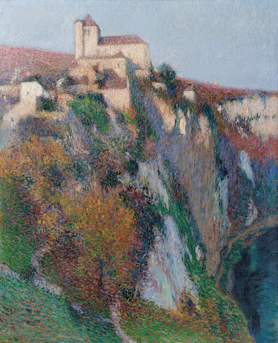 Henri Martin — L'église Saint-Cirq Lapopie perchée sur la falaise de la boucle du Lot, ciel bleu | Pointillist Landscape Print shown to scale on a wall above a sofa