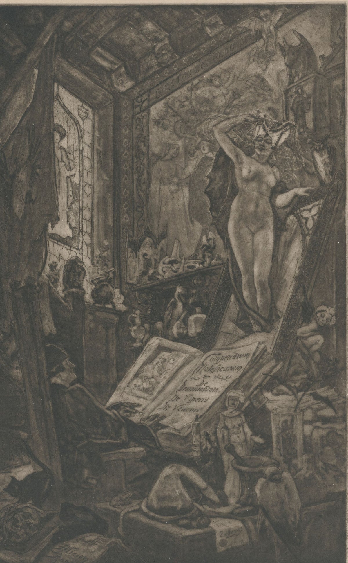 L'incantation (2nd state) by Félicien Rops — A scholar's grimoire conjures a woman out of the shadows of his study