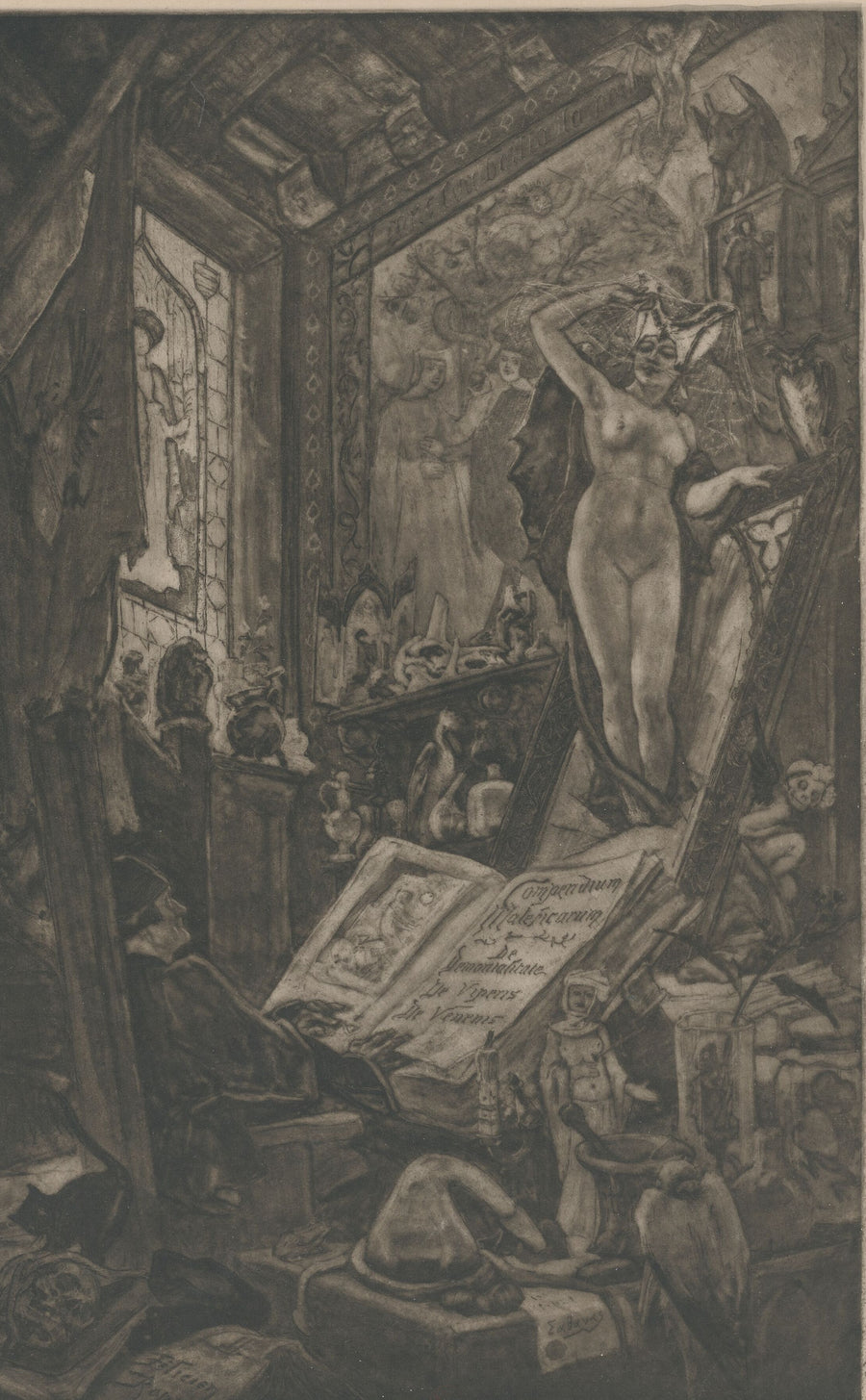 Félicien Rops — L'incantation (2nd state) | Etching Print shown to scale on a wall above a sofa