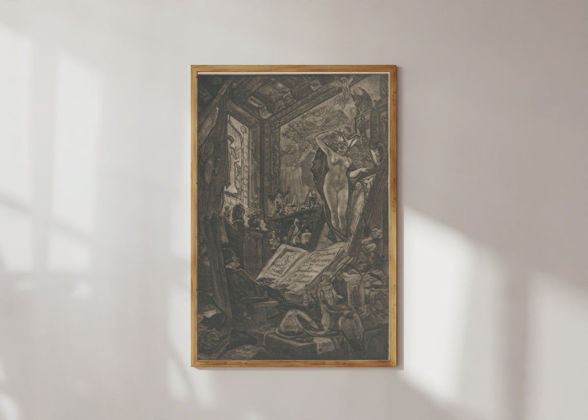 Framed art print of L'incantation (2nd state) by Félicien Rops, in a light wood frame on a sunlit white wall