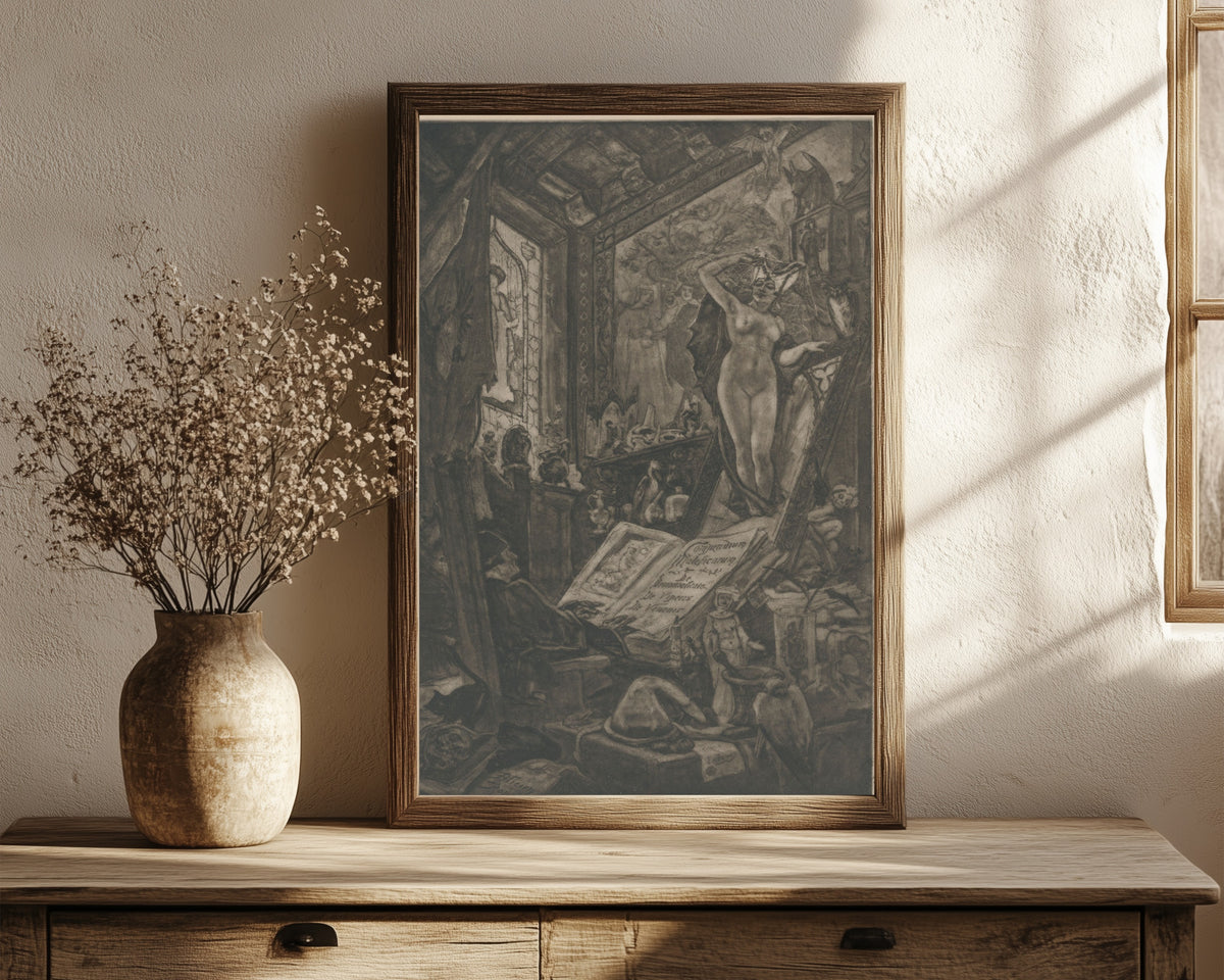 Framed art print of L'incantation (2nd state) by Félicien Rops, in a dark wood frame leaning on a rustic console beside dried flowers