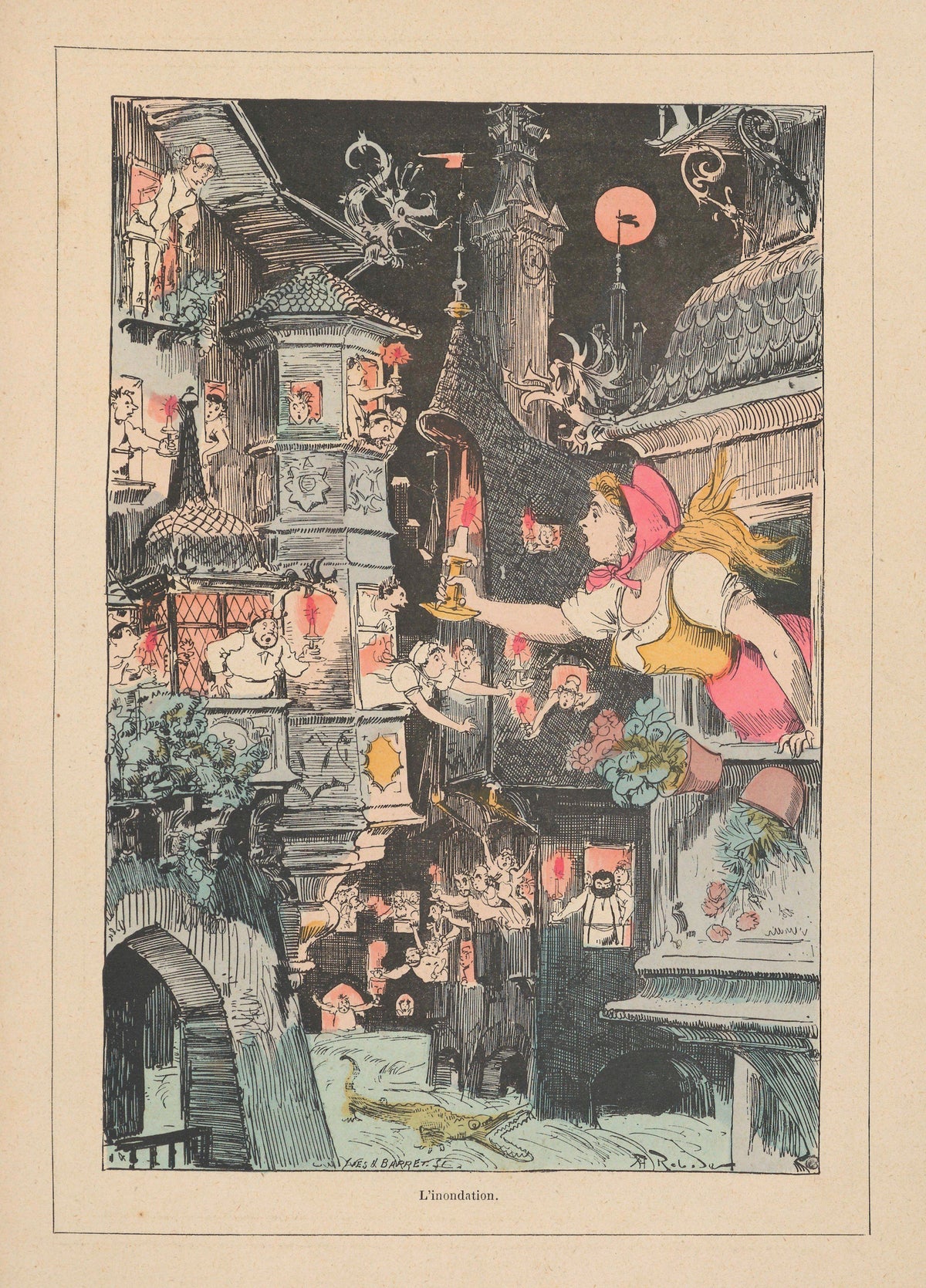 L’inondation by Albert Robida — Neighbours hold candles above a flooded night street