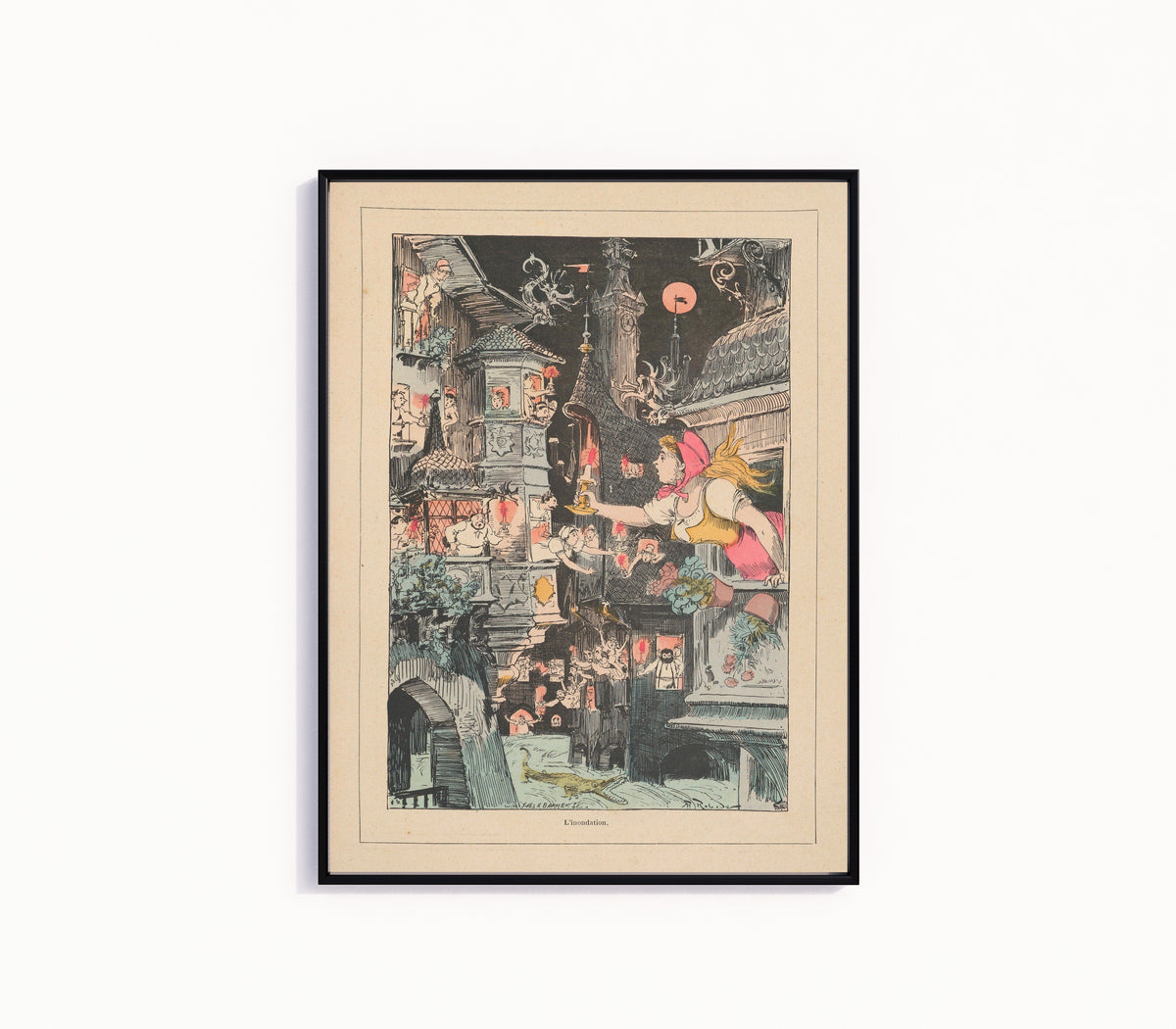 Framed art print of L’inondation by Albert Robida, in a slim black frame on a plain white wall