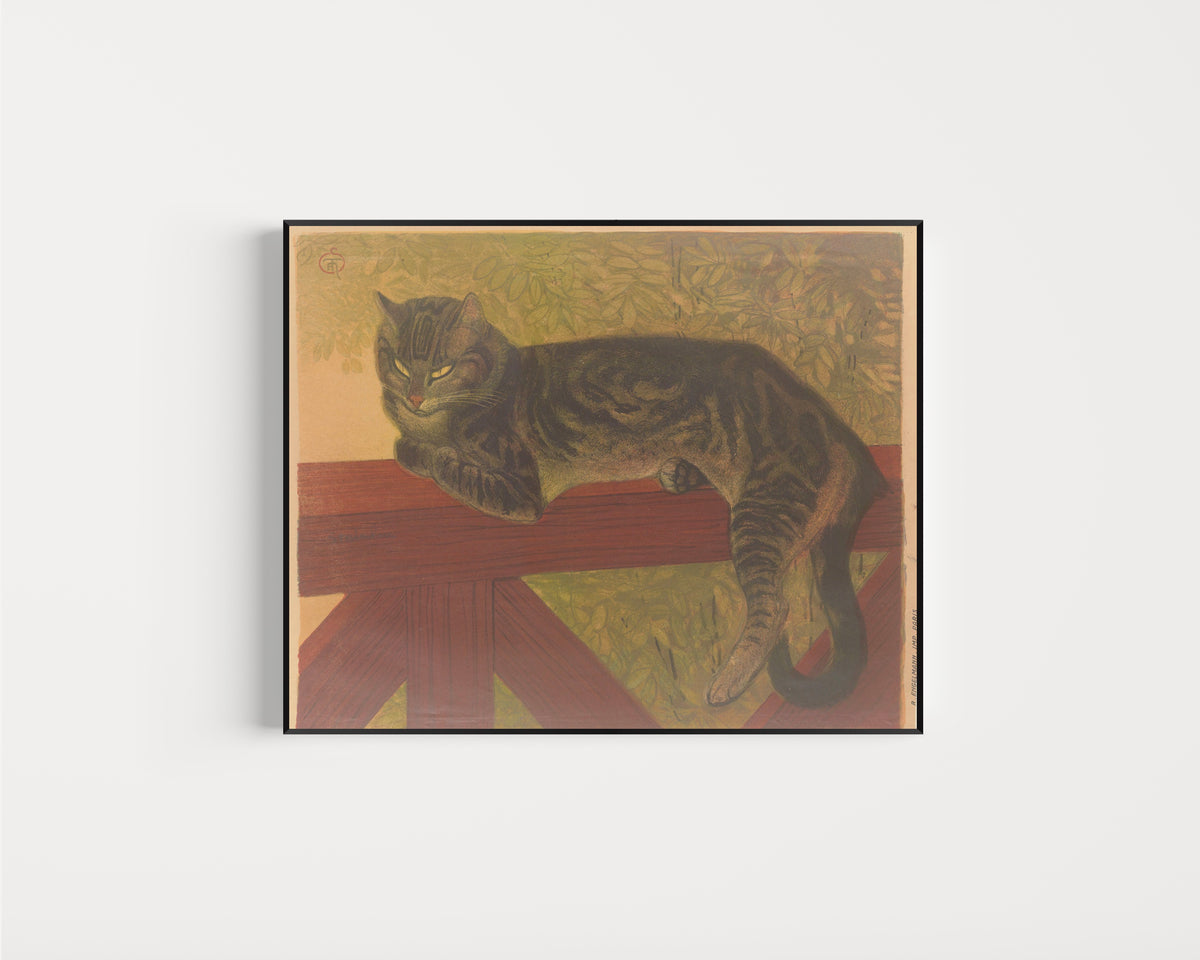 Framed art print of L’Été, chat sur une balustrade by Théophile Steinlen, in a slim black frame on a plain white wall