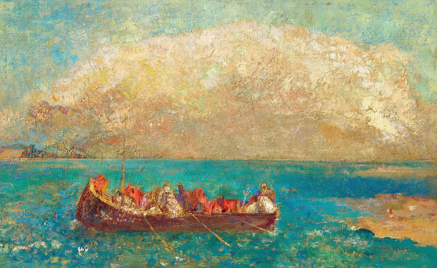 Odilon Redon — La Barque aux âmes inanimées | Symbolist Art Print shown to scale on a wall above a sofa