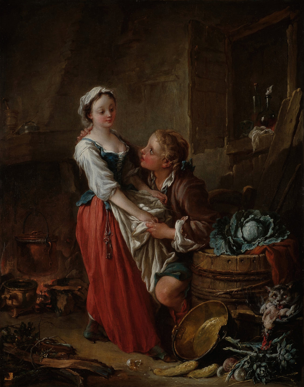 La Belle Cuisinière by François Boucher — A young cook holds up her apron of eggs as a boy kneels beside her