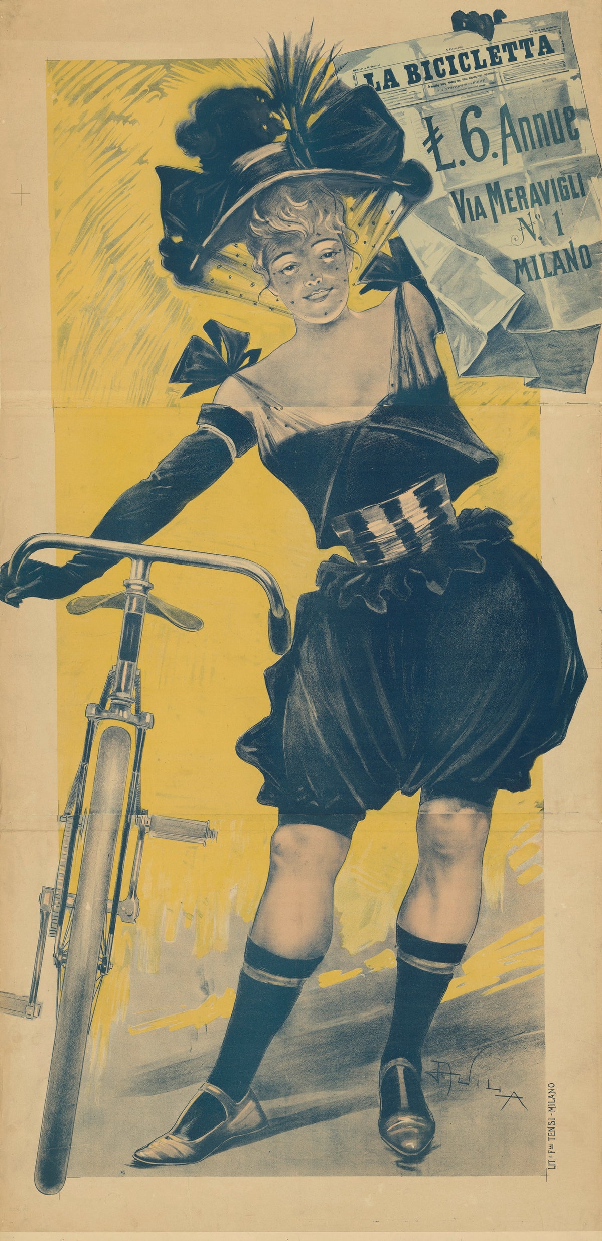 La Bicicletta by Aleardo Villa — A smiling cyclist in a feathered hat stands beside her bicycle