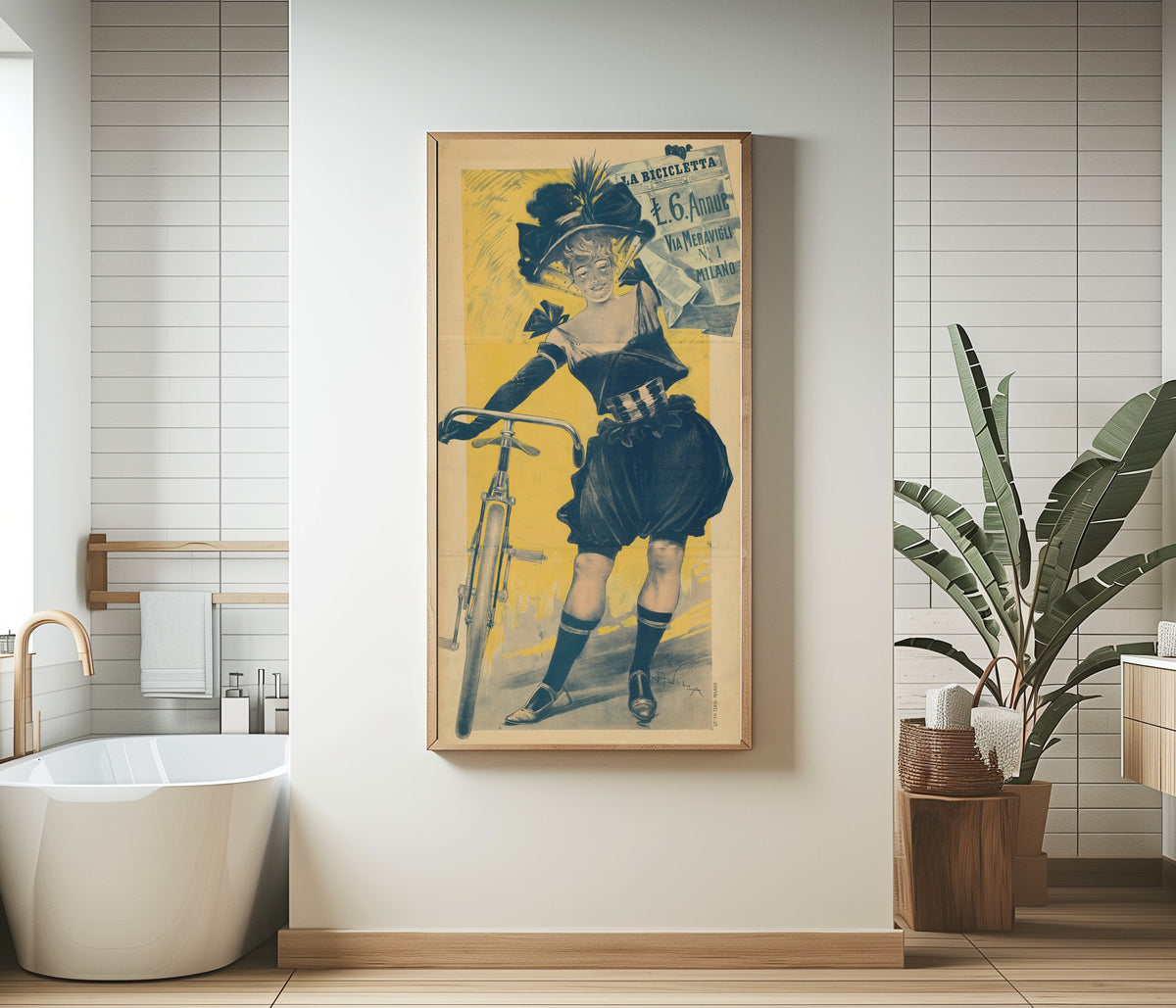 Framed art print of La Bicicletta by Aleardo Villa, in a bathroom beside a freestanding tub