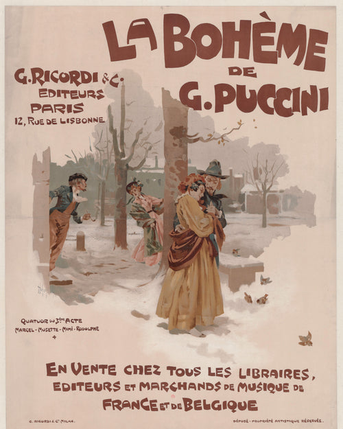 La Bohème de G. Puccini by Adolfo Hohenstein — Two couples in a snowy park, one pair slipping away behind the trees