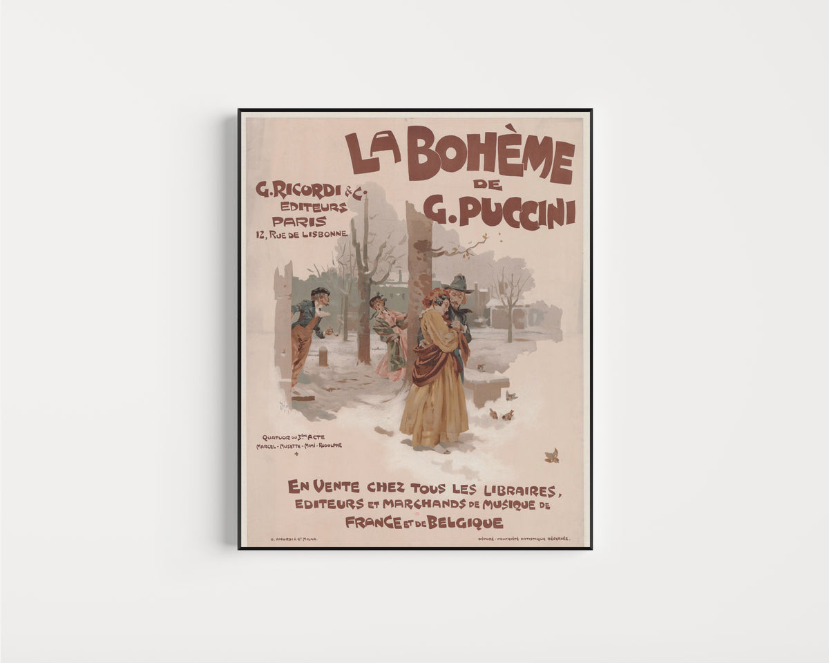Framed art print of La Bohème de G. Puccini by Adolfo Hohenstein, in a slim black frame on a plain white wall