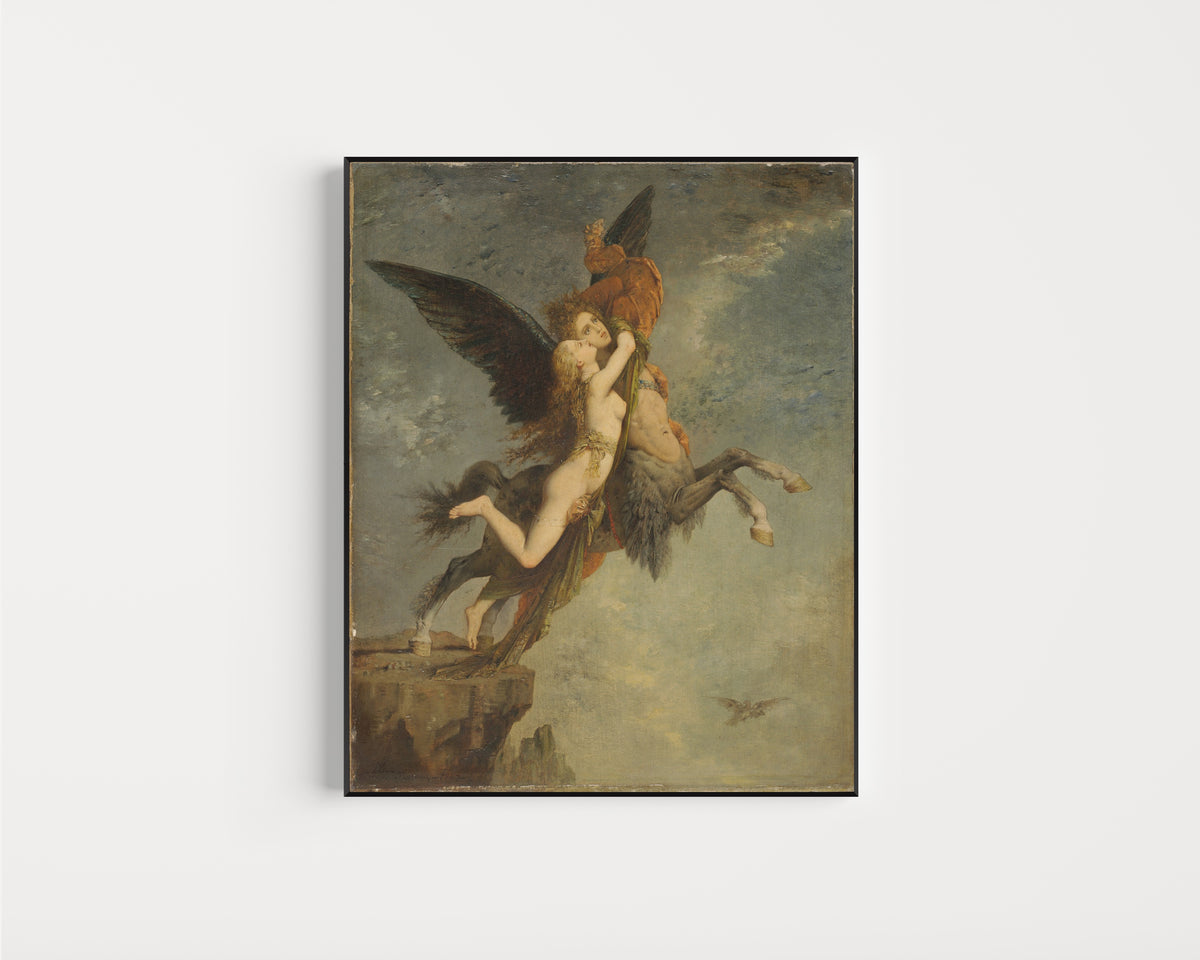 Framed art print of La Chimère by Gustave Moreau, in a slim black frame on a plain white wall