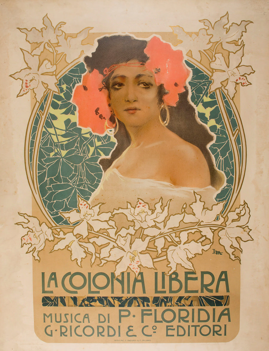 Leopoldo Metlicovitz — La Colonia Libera | Vintage Poster Print shown to scale on a wall above a sofa