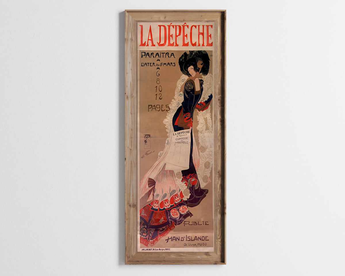 Framed art print of La Dépêche (Han d'Islande) by Georges de Feure, in a tall wooden frame on a pale wall