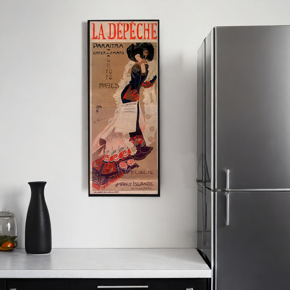 Framed art print of La Dépêche (Han d'Islande) by Georges de Feure, on a kitchen wall