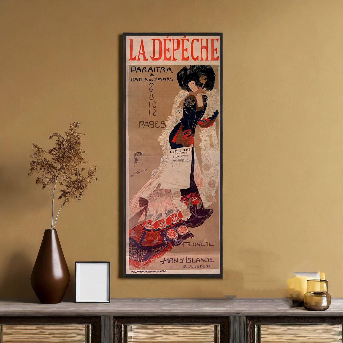 Framed art print of La Dépêche (Han d'Islande) by Georges de Feure, on an ochre wall above a console table