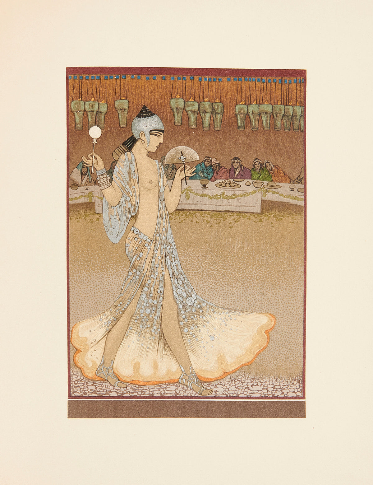 La Danse de Salomé by Manuel Orazi — A dancer in a sheer beaded gown crosses a banquet hall of lamps