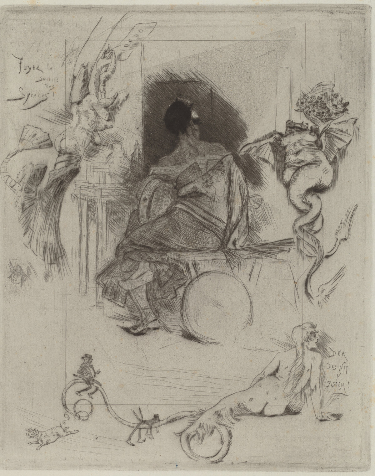 La Dernière Maja by Félicien Rops — A seated woman seen from behind, ringed by sirens and sketches
