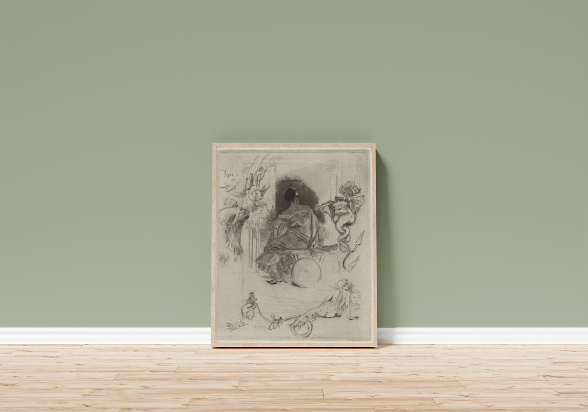 Framed art print of La Dernière Maja by Félicien Rops, in a light wood frame leaning on a sage green wall above a wooden floor
