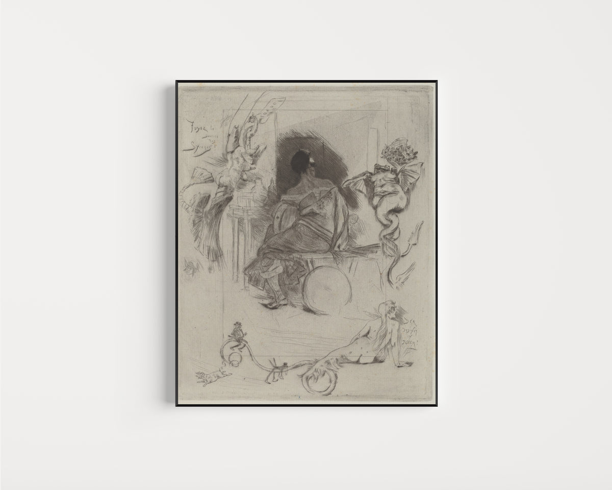 Framed art print of La Dernière Maja by Félicien Rops, in a slim black frame on a plain white wall