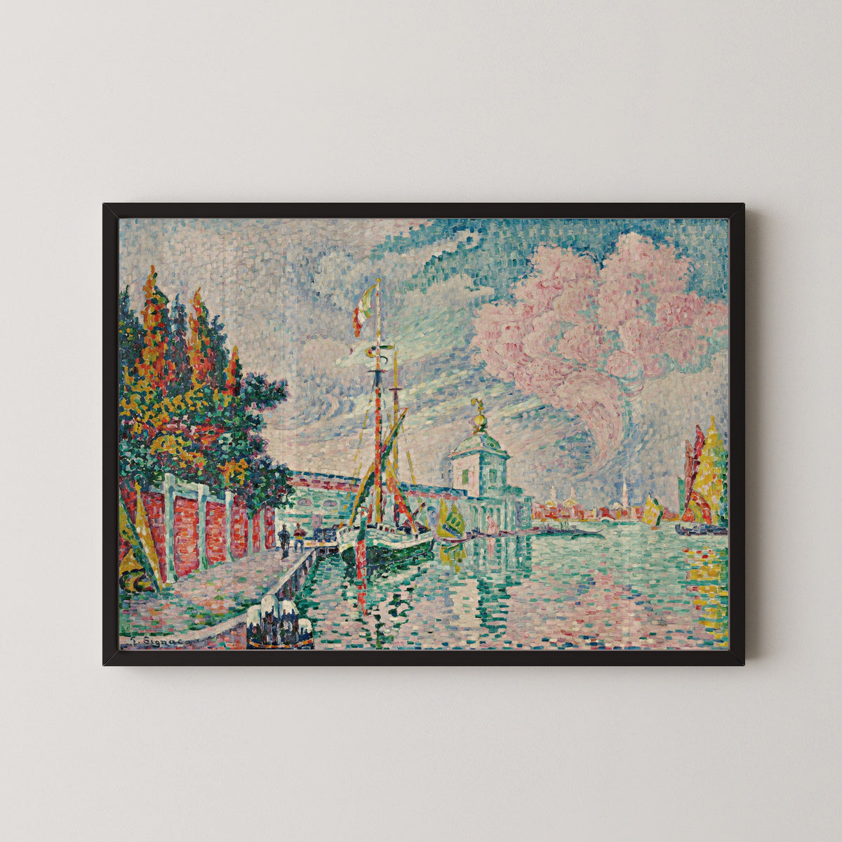 Framed art print of La Dogana, Venice by Paul Signac, in a black frame on a pale wall
