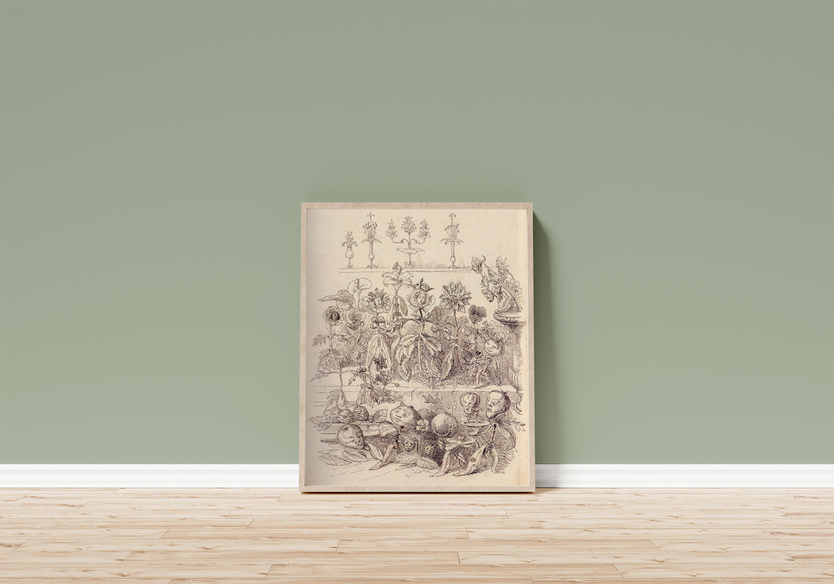 Framed art print of La Fête des fleurs by J. J. Grandville, in a light wood frame leaning on a sage green wall above a wooden floor