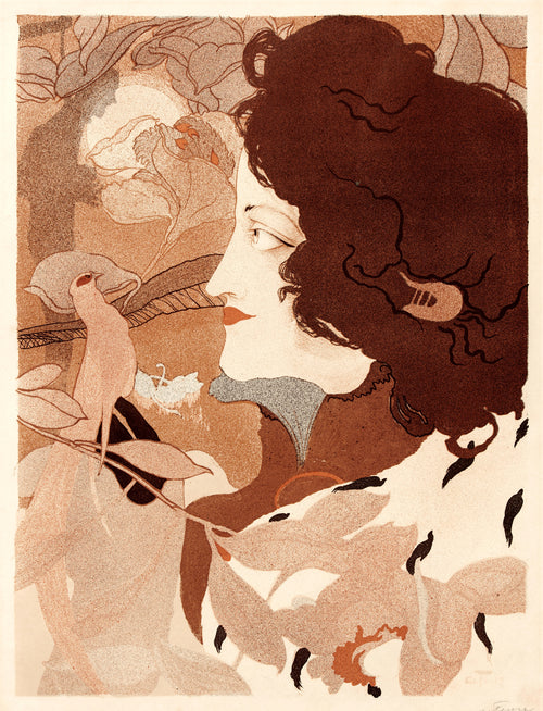 La Femme Fatale by Georges de Feure — A dark-haired woman in profile watches a pale bird on a branch