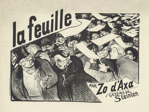 La Feuille, par Zo d’Axa, dessins de Steinlen by Théophile Steinlen — A jostling crowd, torn between grim faces and flying newspaper sheets