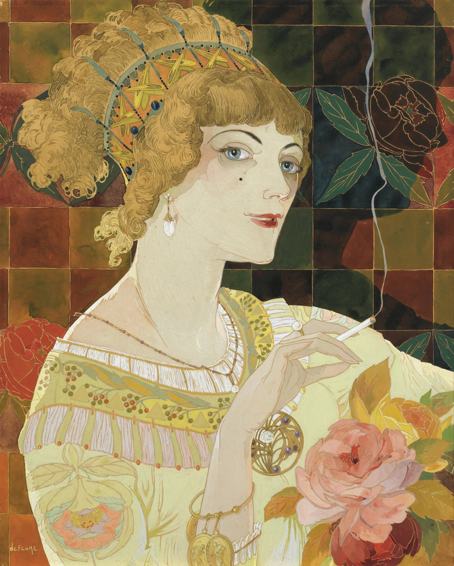 Georges de Feure — La Fumeuse | Art Nouveau Print shown to scale on a wall above a sofa