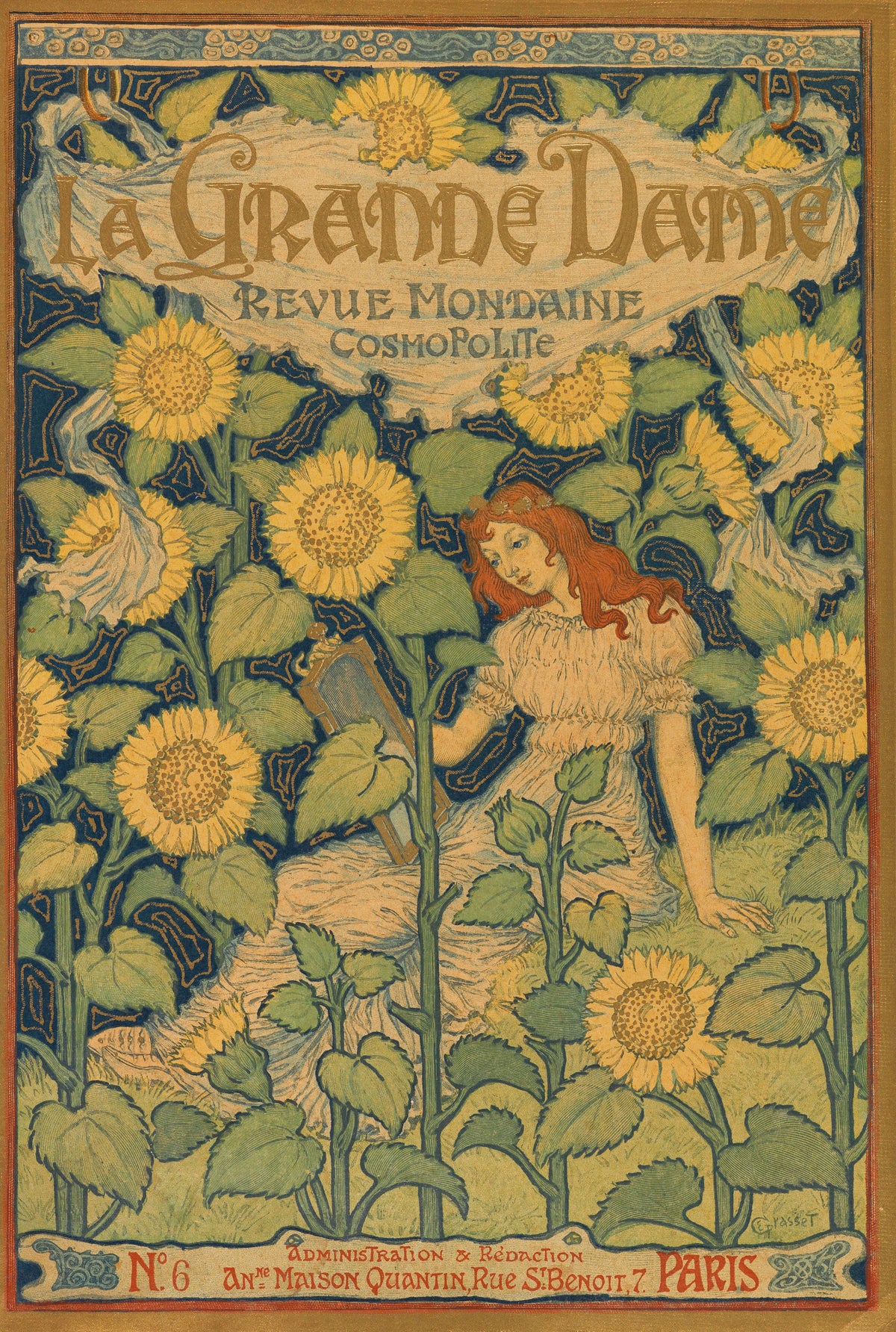La Grande Dame by Eugène Grasset — A red-haired woman kneels among towering sunflowers
