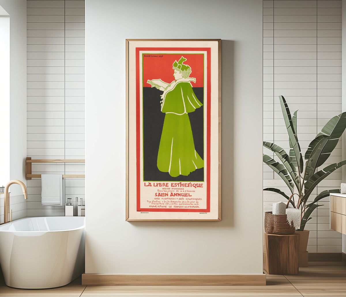 Framed art print of La Libre Esthétique, Salon Annuel (1896) by Gisbert Combaz, in a bathroom beside a freestanding tub