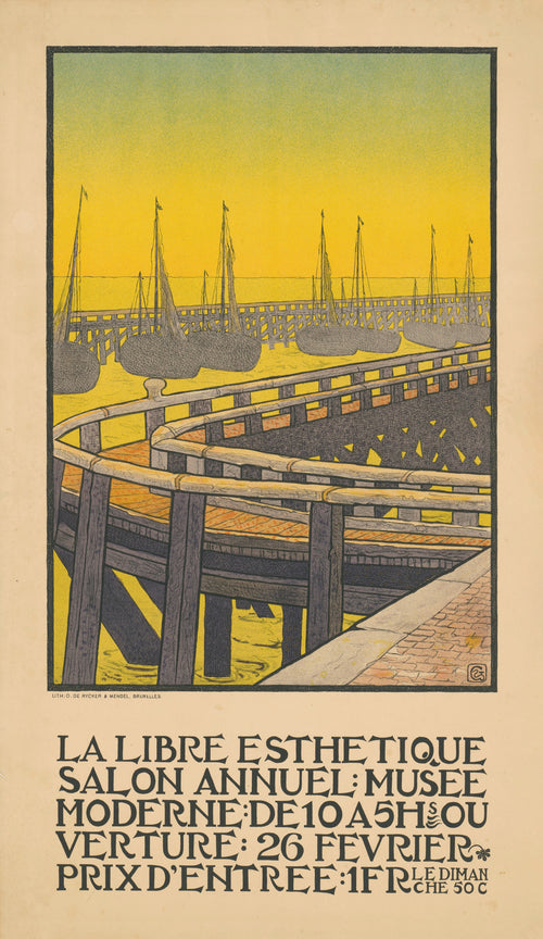 La Libre Esthétique, Salon Annuel (1903) by Gisbert Combaz — A curving wooden jetty sweeps past moored boats under a yellow sky