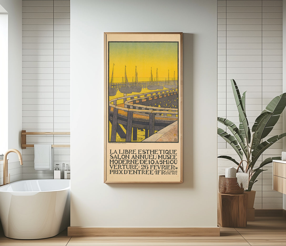 Framed art print of La Libre Esthétique, Salon Annuel (1903) by Gisbert Combaz, in a bathroom beside a freestanding tub