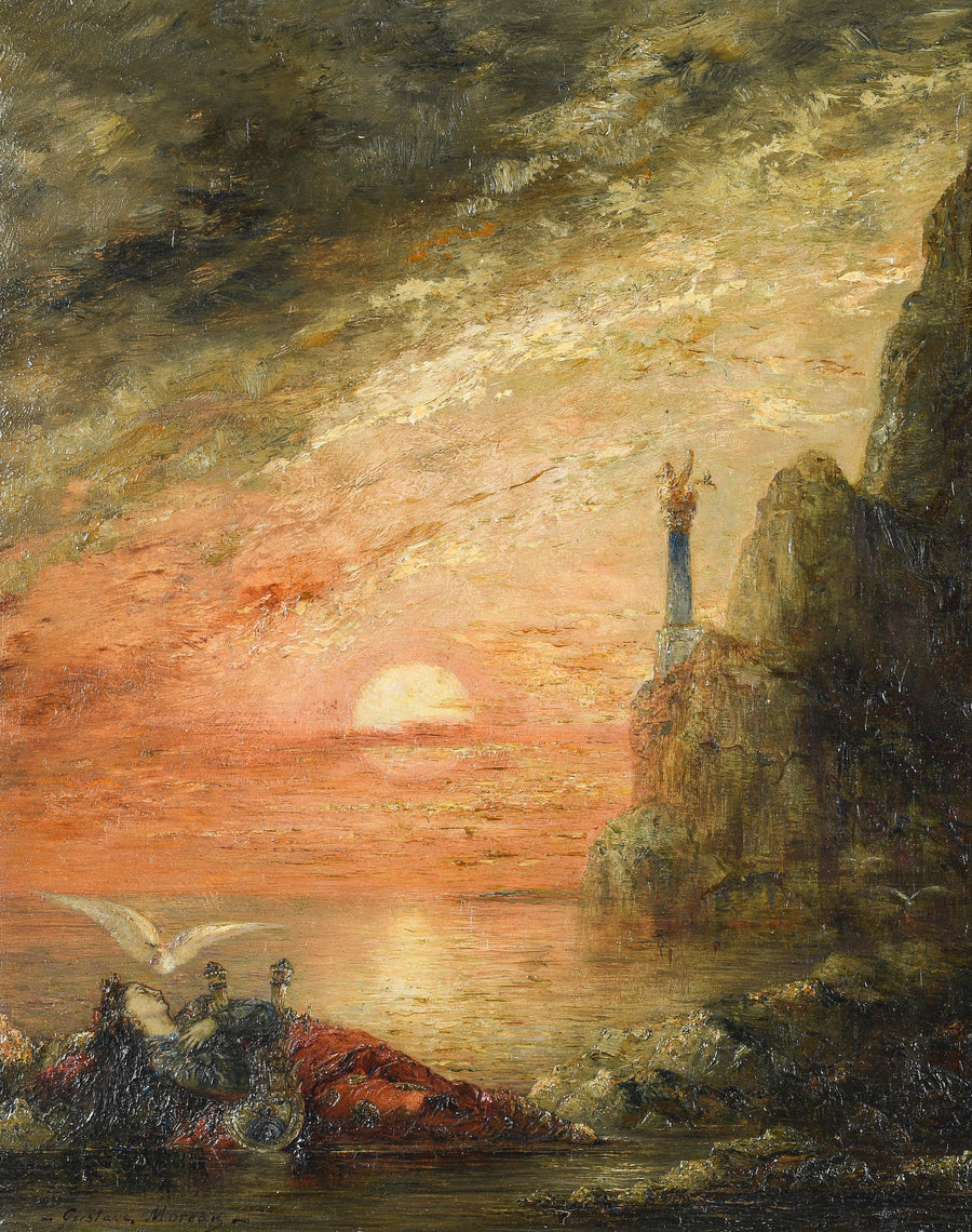 Gustave Moreau — La Mort de Sapho | Art Print shown to scale on a wall above a sofa